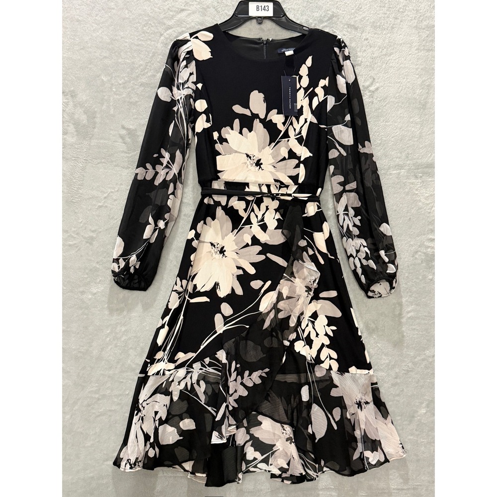 Tommy Hilfiger Petite Long-Sleeve Chiffon Combo Midi Dress 8P NWT - Picture 3 of 12